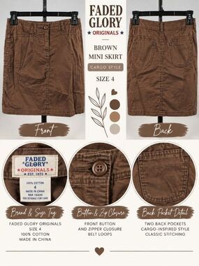 Faded Glory Originals Brown Cotton Mini Skirt Cargo Style Size 4
